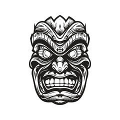 tiki mask, vintage logo line art concept black and white color, hand drawn illustration