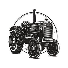 tractor, vintage logo line art concept black and white color, hand drawn illustration