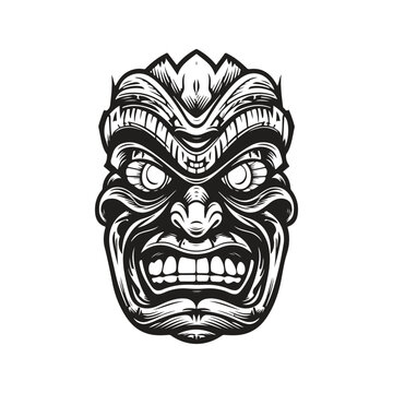tiki mask, vintage logo line art concept black and white color, hand drawn illustration