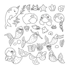 Set of watercolor kawaii popular mermaid element decoration isolated on white background. Watercolor Illustration Mermaid and Elements