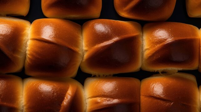 Freshly Baked Brioche Photorealistic Horizontal Background. Crusty Pastry, Gourmet Bakery. Ai Generated Hyperrealistic Background with Aromatic Traditional Brioche . Generative AI