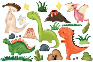 Obraz premium set watercolor dinosaurus jurassic park isolated on white background. prehistoric animals and plants