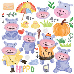 set of watercolor hippo isolated on white background
