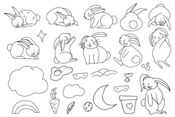 set of kawaii rabbit animal cartoon and watercolor isolated on white background. oon rabbits and holiday foods. Flat illustrations of cute jade rabbits