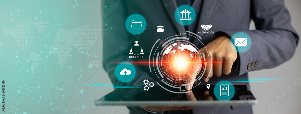 Poster businessman using tablet computer touching and connecting with virtual file and document folder, clo