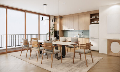 Minimal style dining room interior design and decoration with wooden and earth tone furniture. 3d rendering Japandi mockup apartment with balcony.