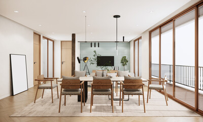 Modern japanes style, japandi room interior design and decoration with wooden furniture, dining and living room with balcony. 3d rendering mockup apartment in minimal design.