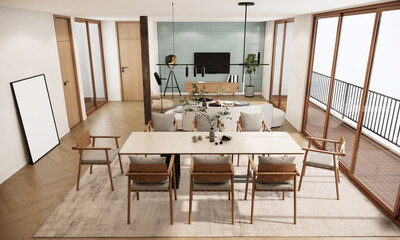 Japandi style apartment room interior design and decoration with wooden dining table and chairs, sofa and tv shelf in living room. 3d rendering condominium top view.