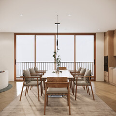 Modern minimalist dining room interior design and decoration with wooden table and chairs, built in kitchen counter and cabinets. 3d rendering apartment interior in Japandi style. Room with balcony