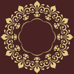 Oriental vector ornament with arabesques and floral elements. Traditional round brown and golden classic ornament. Vintage pattern with arabesques