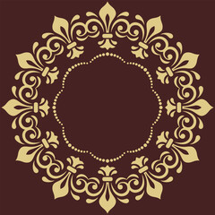 Oriental vector ornament with arabesques and floral elements. Traditional round brown and golden classic ornament. Vintage pattern with arabesques