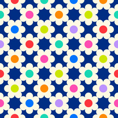 Colorful retro geometric flower seamless grid pattern background.