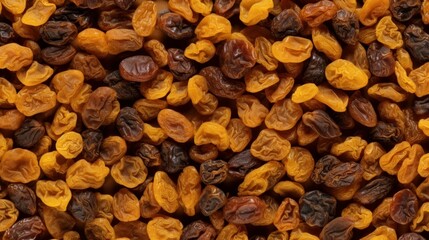 Organic Dried Golden Raisins Berry Photorealistic Horizontal Background. Healthy Vegetarian Energy Snack. Ai Generated Hyperrealistic Background with Delicious Chewy Dried Golden Raisins Generative AI