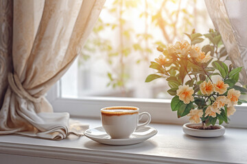 Fototapeta na wymiar a Cup of Hot Coffee with a Spring Flower in Pot on White Table in the Morning