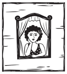 Woman at the window vector, Cordel literature style, woodcut from northeastern Brazil