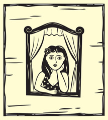 Woman at the window vector, Cordel literature style, woodcut from northeastern Brazil - obrazy, fototapety, plakaty