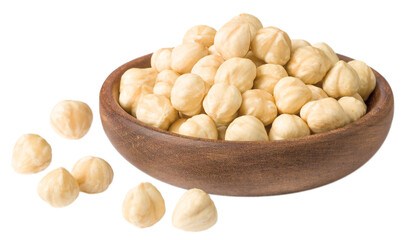 Hazelnuts in the wooden bowl, isolated on the white background.