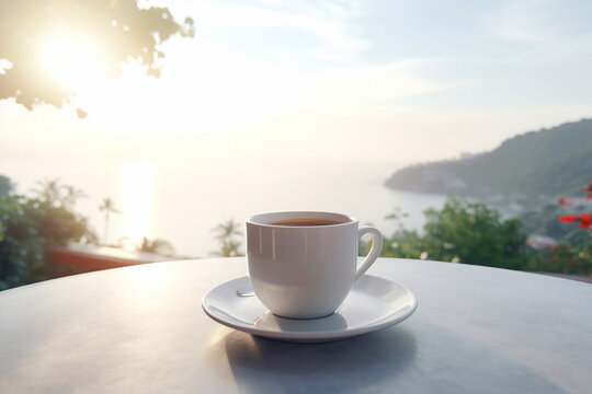 a Cup of Hot Coffee in the Morning with Sunlight and Landscape Ocean Nature View