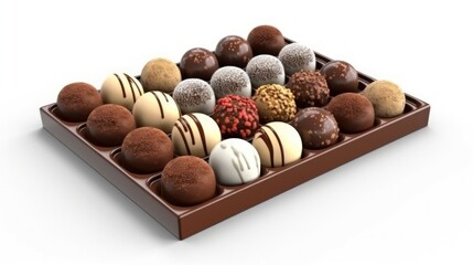 017_A tray of chocolate truffles with different fillings and coatings, on a white background, Generative AI