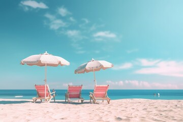 Fototapeta na wymiar Transport yourself to a serene beach scene adorned with sun loungers and colorful umbrellas. This captivating image captures the essence of a relaxing vacation, Generative AI