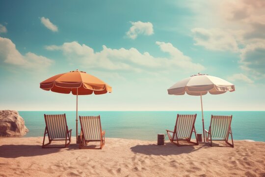 Transport yourself to a serene beach scene adorned with sun loungers and colorful umbrellas. This captivating image captures the essence of a relaxing vacation, Generative AI