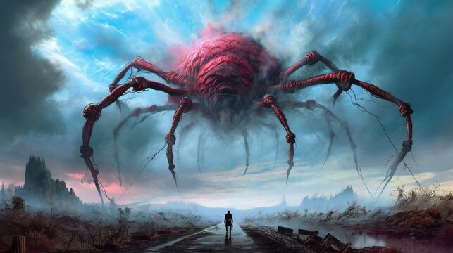 A giant spider made of clouds looming over a surreal landscape. Fantasy concept , Illustration painting. Generative AI