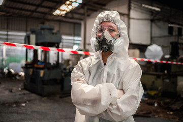 Portrait industry worker with safety uniform protective wearing gas mask to safe before start work...