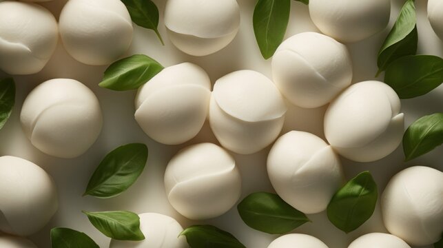 Delicious Mozzarella Cheese Photorealistic Horizontal Background. Creamy Milk Product. Ai Generated Hyperrealistic Background with Gourmet Tasty Mozzarella Cheese. Generative AI
