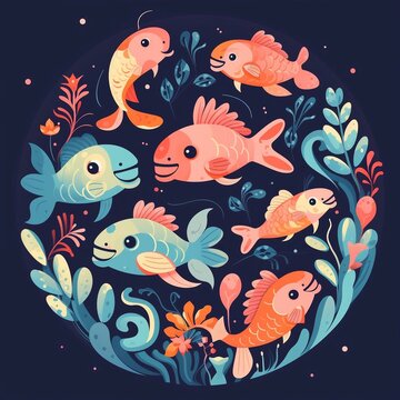 doodle of fish in circle isolated on navy color created by Generative AI