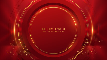 Red luxury background with golden circle frame, glowing lines and glitter light effects decoration. Elegant style vector design
