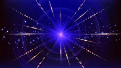 Diagonal golden lines with blue glowing circle, light beam and glitter light effects elements on dark blue background. Vector illustration