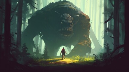 Obraz na płótnie Canvas A giant walking through a forest. Fantasy concept , Illustration painting. Generative AI