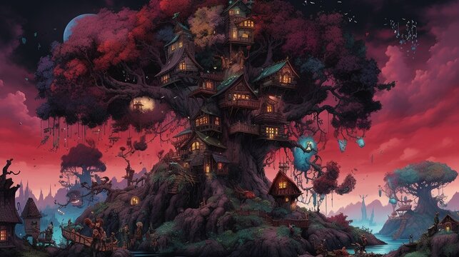 A giant tree with an entire village built into it in a surreal landscape. Fantasy concept , Illustration painting. Generative AI