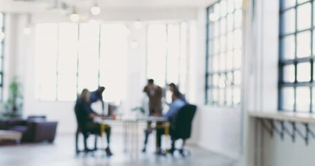 Startup, blurred or business people in meeting on innovation idea, product strategy or research review. Collaboration, teamwork or group for communication, networking or planning creative marketing