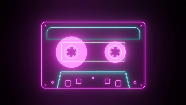 Neon cassette tape. Glowing retro color style. Minimal animation. Seamless loop. For music, pub, bar, dj, entertainment background