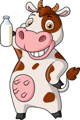 Cute cow cartoon holding milk bottle