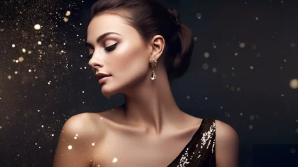 ゴージャスなジュエリー・宝石・アクセサリーをつけた白人のモデル女性（黒・Generative AI）  © buritora