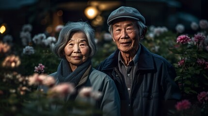 花畑の中を散歩する白人の高齢者夫婦（Generative AI）
