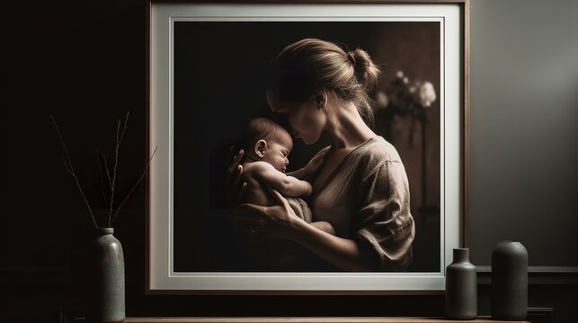 赤ちゃんにキスする女性の絵画

