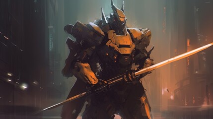 A mech warrior with a sword. Fantasy concept , Illustration painting. Generative AI