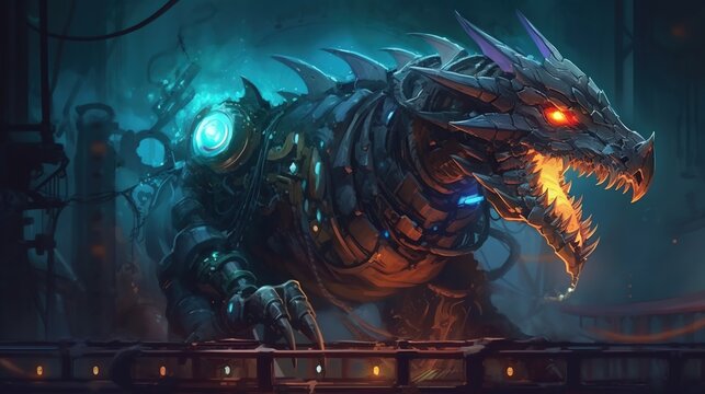 A mechanical dragon with glowing eyes. Fantasy concept , Illustration painting. Generative AI