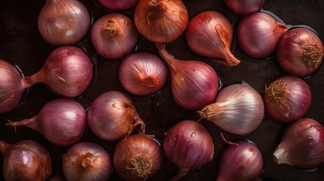 Fresh Organic Shallot Vegetable Photorealistic Horizontal Background. Healthy Vegetarian Diet. Ai Generated Hyperrealistic Background with Delicious Juicy Shallot Vegetable. Generative AI