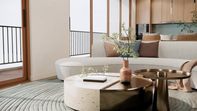4K video 3d rendering animation close up mockup apartment room with balcony. Room interior design and decoration with beige sofa and coffee table in living room.