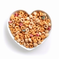 An isolated bowl of cereal in the shape of a heart on the white background. AI Generative. 