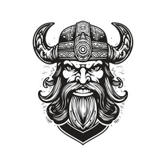viking cartoon, vintage logo line art concept black and white color, hand drawn illustration
