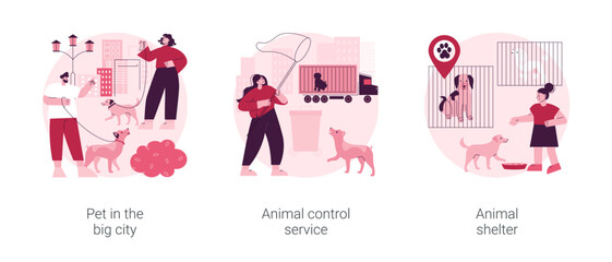 Urban pets abstract concept vector illustration set. Pet in the big city, animal control service, animal shelter volunteer, rescue service, walking place, stray dogs and cats abstract metaphor.