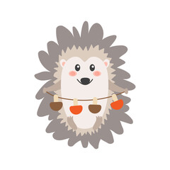 Cute hedgehog with mushrooms in his hands in flat style isolated on white background.