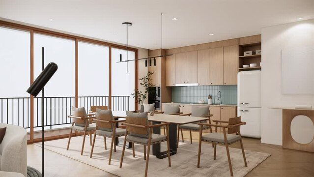 Minimal style dining room interior design and decoration with wooden table and chairs, built in kitchen counter and cabinets. 4K video dining room apartment with balcony view. 3d rendering