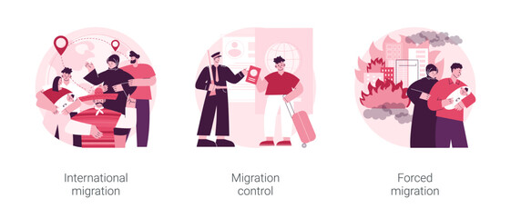 Leaving a country abstract concept vector illustration set. International migrants, border migration control, forced displacement, refugee group, check documents, application form abstract metaphor.
