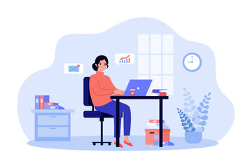 Fototapeta premium Businesswoman working on laptop in office vector illustration. Cartoon drawing of happy busy woman analyzing financial charts and responding to e-mails. Business, workplace, occupation concept